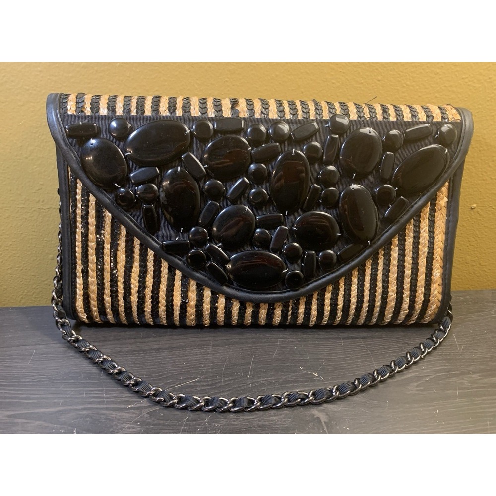 Chicos Statement Woven Black Beaded Straw Clutch Chain Strap Boho Shoulder Bag